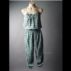 Plaid Check Pattern Strappy Blouson Top Cropped Pants Jumper 97 ac Jumpsuit L